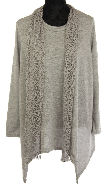 Stylish grey top with attached scarf, crafted from soft cotton blend, perfect for versatile day-to-night wear.