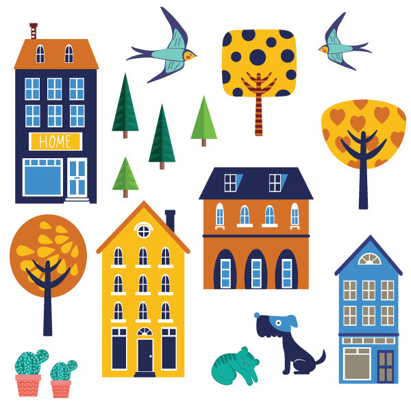 Charming Town House Decal Set made from eco-friendly fabric, perfect for enhancing home decor in any room.