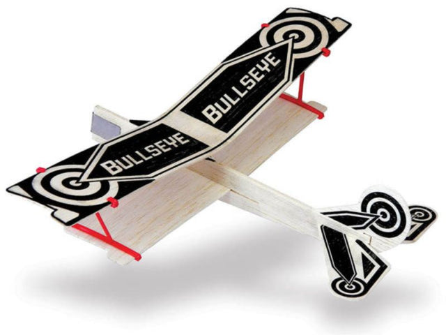 Balsa model kit of the Bullseye Biplane, perfect for hobbyists and education, featuring classic design for great flight performance.