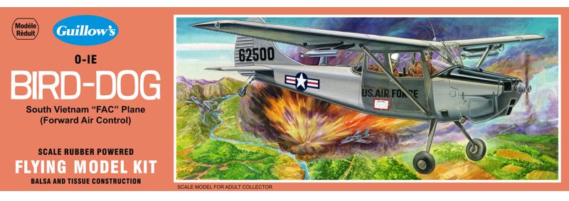 Balsa wood model kit of the Cessna Bird Dog with 18-inch wingspan, designed for aviation enthusiasts and hobbyists.