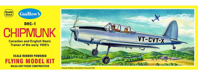 Unassembled balsa model kit of the iconic De Havilland Chipmunk, featuring a 17-inch wingspan, perfect for hobbyists.