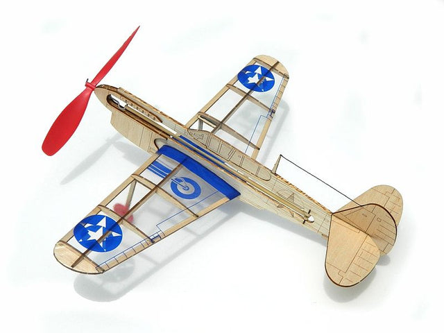 Balsa wood model kit of the U.S. P-40 Warhawk, designed for easy assembly and historical aviation enthusiasts.