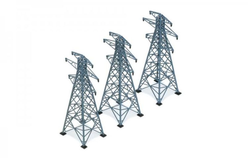 Three realistic 207mm high plastic power pylons for 1/76 scale model railways, enhancing any train layout.