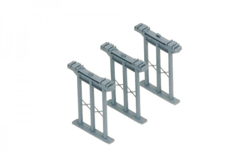 Three Hornby high-level piers designed for model trains, supporting elevated tracks with grooves for seamless integration.