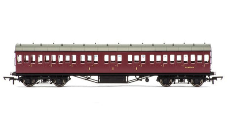 Hornby BR Non-corr. 57' Crimson Coach model, vibrant red finish, 1:76 scale, perfect for model railway enthusiasts.