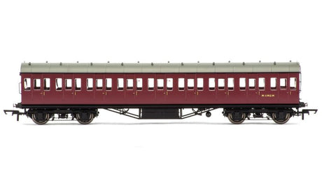 Hornby BR Non-corridor 57' Crimson 3rd coach model, detailed for realistic railway layouts and easy coupling with rolling stock.