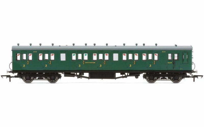 Hornby SR 58' Maunsell train carriage model, 1/76 scale, features intricate details and vibrant colors for collectors.