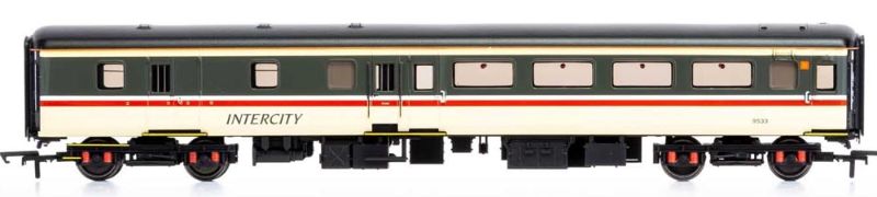 Hornby BR Intercity Mk2F Brake 2nd Open 9533 model coach in blue and grey, perfect for enhancing model railway setups.