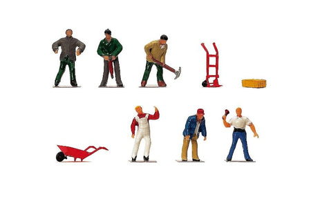 Diverse 1/76 scale figures engaged in various jobs, enhancing realism for model railway enthusiasts.