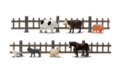 Detailed 1/76 scale Hornby farm animal figures, including cows, sheep, and pigs, ideal for enhancing model train layouts.