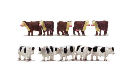 A pack of 10 highly detailed model cows in 1/76 scale, perfect for enhancing model train layouts and rural scenes.