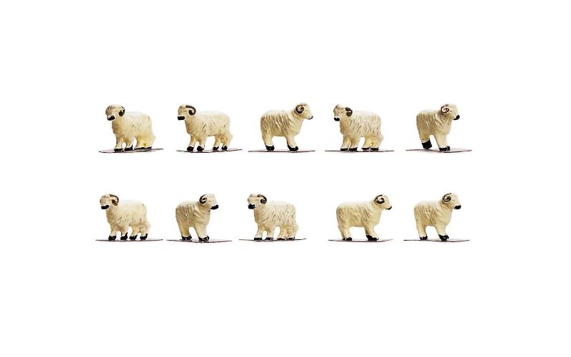 Detailed 1/76 scale sheep figurines in a pack of 10, perfect for enhancing model railway scenic countryside layouts.