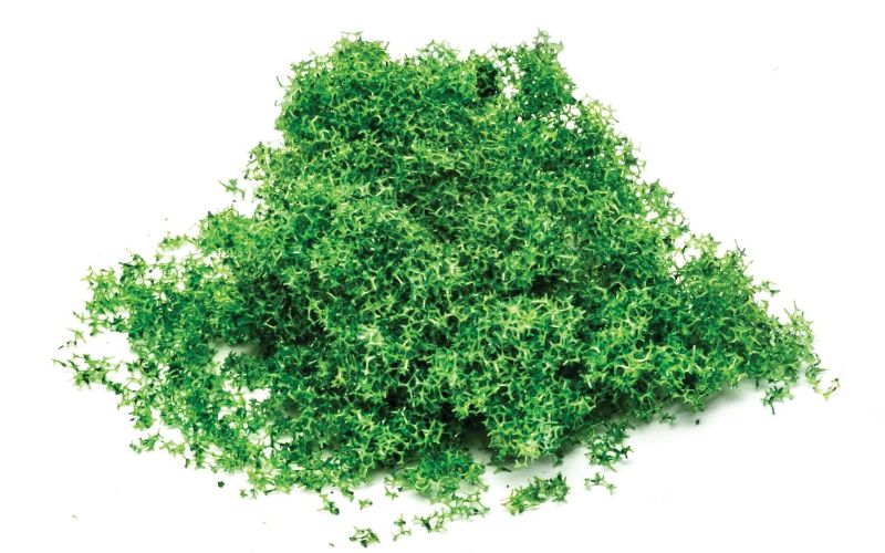 Hornby Flock Medium Green for model scenery, simulating vibrant grass and vegetation in miniature landscapes.