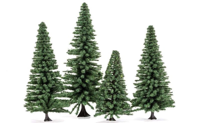 Pack of four realistic Large Fir Trees (10-12cm) by Hornby, perfect for enhancing model train layouts and dioramas.