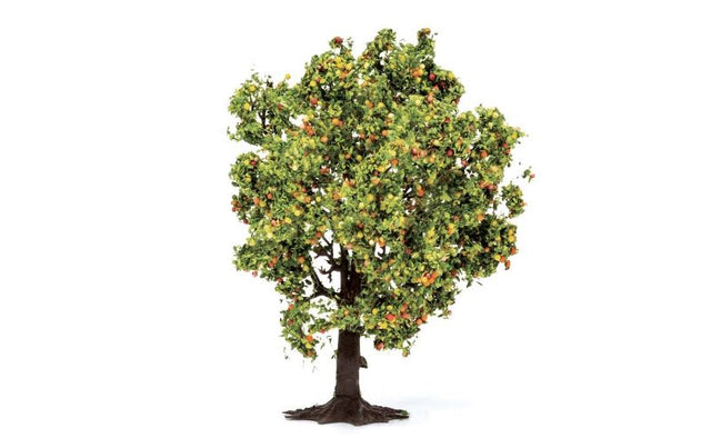 Hornby Apple Tree with Fruit: 1:76 scale model featuring lush leaves and vibrant red apples, perfect for enhancing railway scenery.