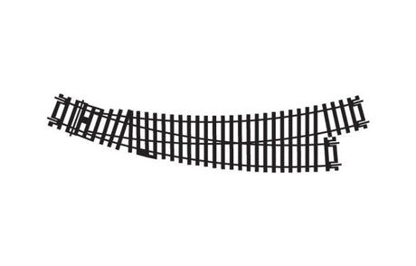 Hornby Curved Point L/H (1) for model railways, featuring 438mm radius with 22.5° and 33.75° arcs; hand or electric operation.