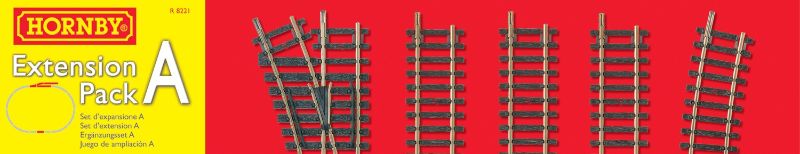 Hornby Track Extension Pack A for expanding model railways includes straight and curved track, points, and buffer stop.