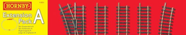 Hornby Track Extension Pack A for expanding model railways includes straight and curved track, points, and buffer stop.