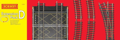 Hornby Track Extension Pack D featuring 3x 1st radius curves, 1x 3rd radius curve, 1x point, buffer stop, and level crossing.