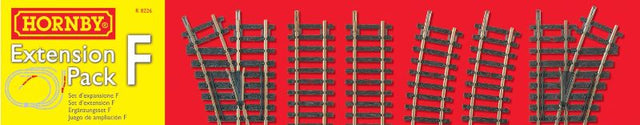 Hornby Track Extension Pack F includes tracks, curves, points, and a buffer stop for expanding model railway layouts.