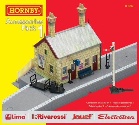 Hornby TrackMat Access 1 set with two straight platforms, ramps, and a distance signal for enhancing model railway layouts.