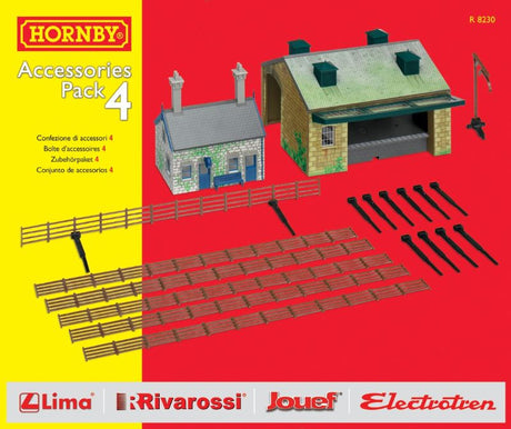 A Hornby model railway accessory pack featuring a Railway Cottage, Goods Shed, and Trackside Fencing for 1/76 scale layouts.