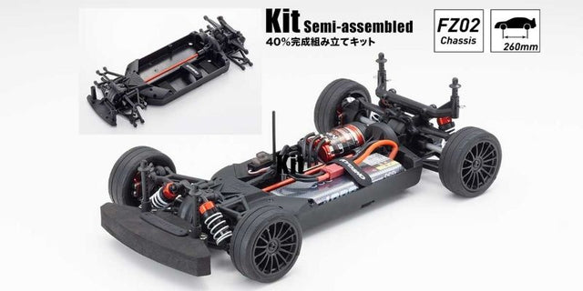 Kyosho EP FzrMk2 4WD chassis kit for customizable RC car racing, 375mm length, 8mm ground clearance, and optimal gear ratio.