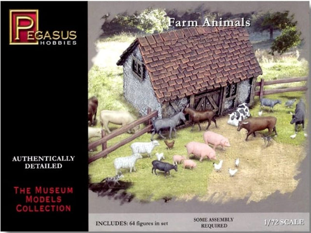 Detailed 1/72 farm animal kitset, featuring 64 assorted plastic figures including cows, pigs, sheep, and chickens.