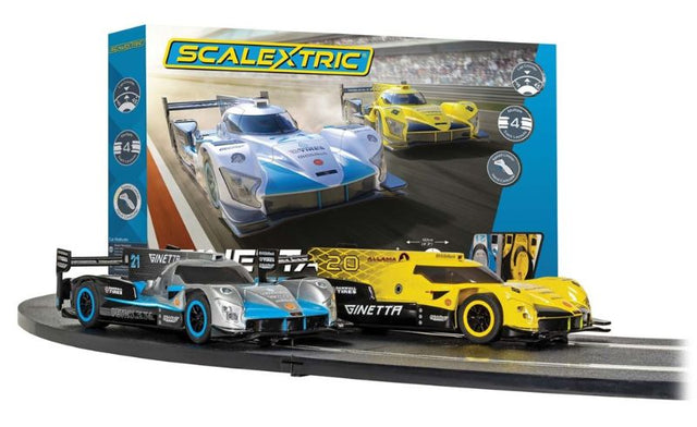 Ginetta Racers Slot Cars Set featuring 1:32 scale cars, 4 track layouts, and advanced racing technology for thrilling competitions.