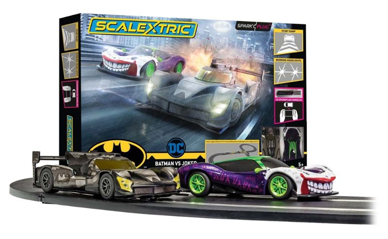 Slot Cars & Accessories Set featuring Batman vs Joker with Spark Plug technology for wireless racing fun at Smartfox NZ.