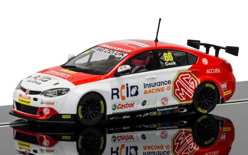 Scalextric BTCC MG6 #66 slot car, featuring Josh Cook's racing livery, designed for collectors and enthusiasts in 1/32 scale.