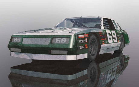 Slot car in green, 1/32 scale replica of 1986 NASCAR Monte Carlo #69, perfect for racing and display.