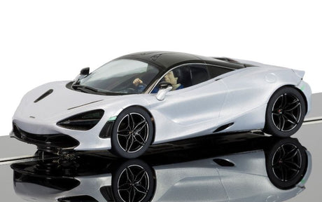 Alt text: "Scalextric McLaren 720S slot car in white, featuring detailed design and performance of a real supercar."