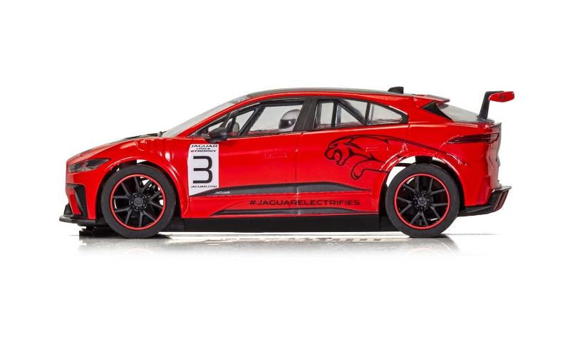 Red Scalextric Jaguar I PACE slot car, 1/32 scale, features digital plug, Magnatraction, and working lights for thrilling racing.