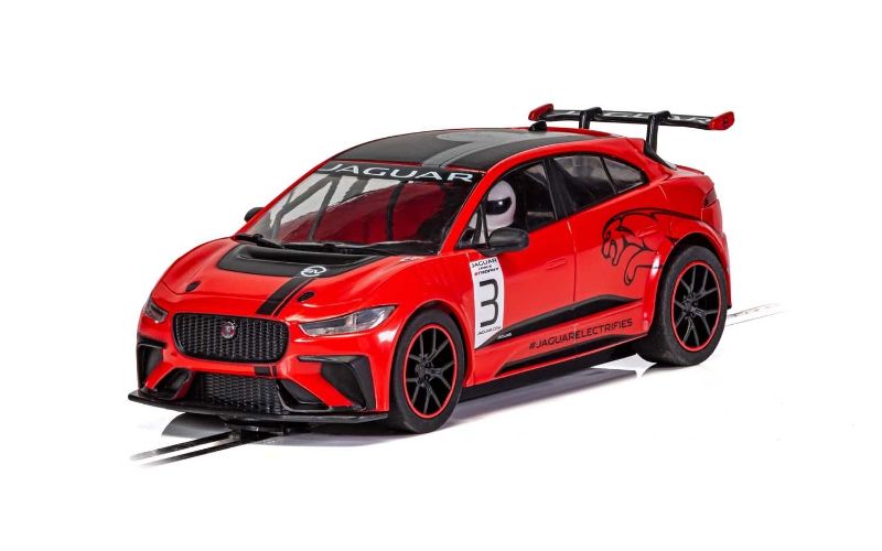 Red Scalextric Jaguar I PACE slot car with detailed design, Magnatraction, and working lights for thrilling racing fun.