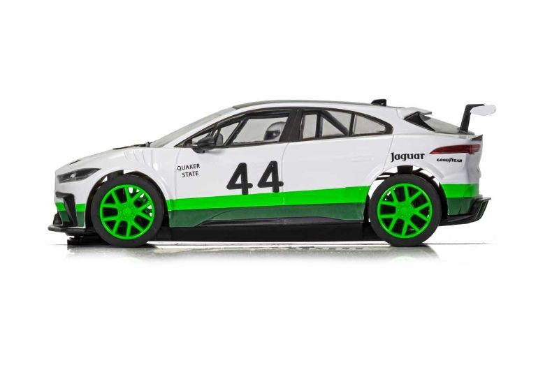 Scalextric Jaguar I-Pace #44 slot car with high detail, Magnatraction, and working lights for immersive racing fun.