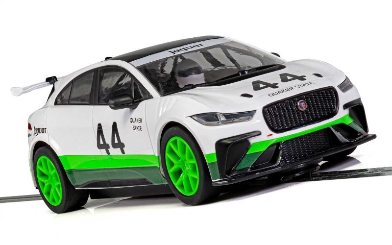 Scalextric Jaguar I-Pace #44 slot car with detailed design, Magnatraction, and working lights for thrilling home racing.