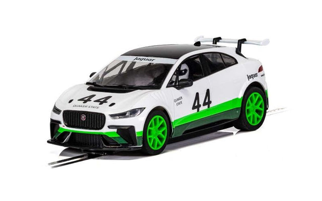 Alt text: 1/32 scale Scalextric Jaguar I-Pace #44 slot car, featuring Digital Plug Ready technology and working lights for racing fun.