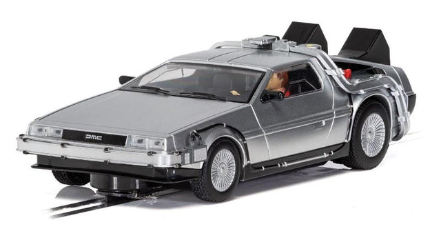 Alt text: Scalextric 1/32 DeLorean slot car with OUTATIME plate, removable lightning rod, working lights, ideal for collectors.