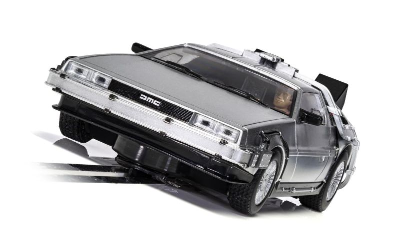 Slot car model of the DeLorean from Back to the Future, featuring OUTATIME plate, lights, and detailed design.