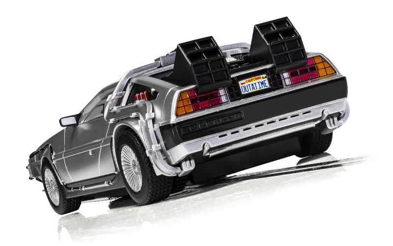 Alt text: High-detail Scalextric 1/32 DeLorean slot car with working lights and iconic OUTATIME license plate, perfect for collectors.