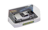 Scalextric DeLorean slot car from Back to the Future, featuring OUTATIME plate, lights, and removable lightning rod.