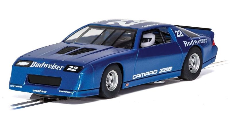 Blue 1/32 scale Slot Car replica of the iconic Camaro IROC-Z #22, designed for thrilling racing and collectors.