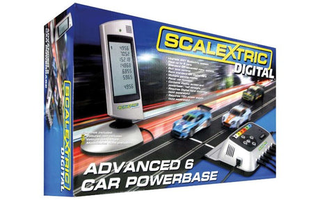 Digital 6 Car Powerbase for Scalextric, racing 6 cars, lane changing, lap counting, and easy car ID setup.