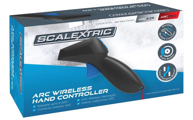 Wireless ARC-AIR/PRO Hand Throttle for Scalextric, featuring rumble pack, lane-changing button, and ergonomic design.