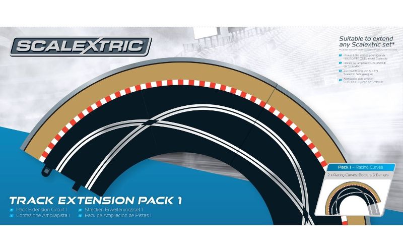 Slot car track extension pack with crossovers and racing curves for enhancing Scalextric setups and layouts.