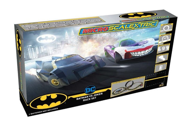 Slot Cars & Accessories Set featuring Batman and Joker on a 4.08-meter customizable track with loop and half pipe.