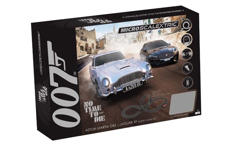 Slot Cars & Accessories Set featuring Aston Martin DB5 and Jaguar XF, perfect for ages 4+, with customizable 4.08m track layout.