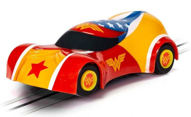 Micro 9v Wonder Woman slot car featuring vibrant colors, iconic design, and perfect for Scalextric track systems.