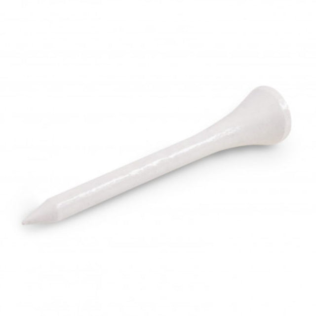 Set of 100 white wooden golf tees, 55mm long, designed for performance and elegance on the golf course.